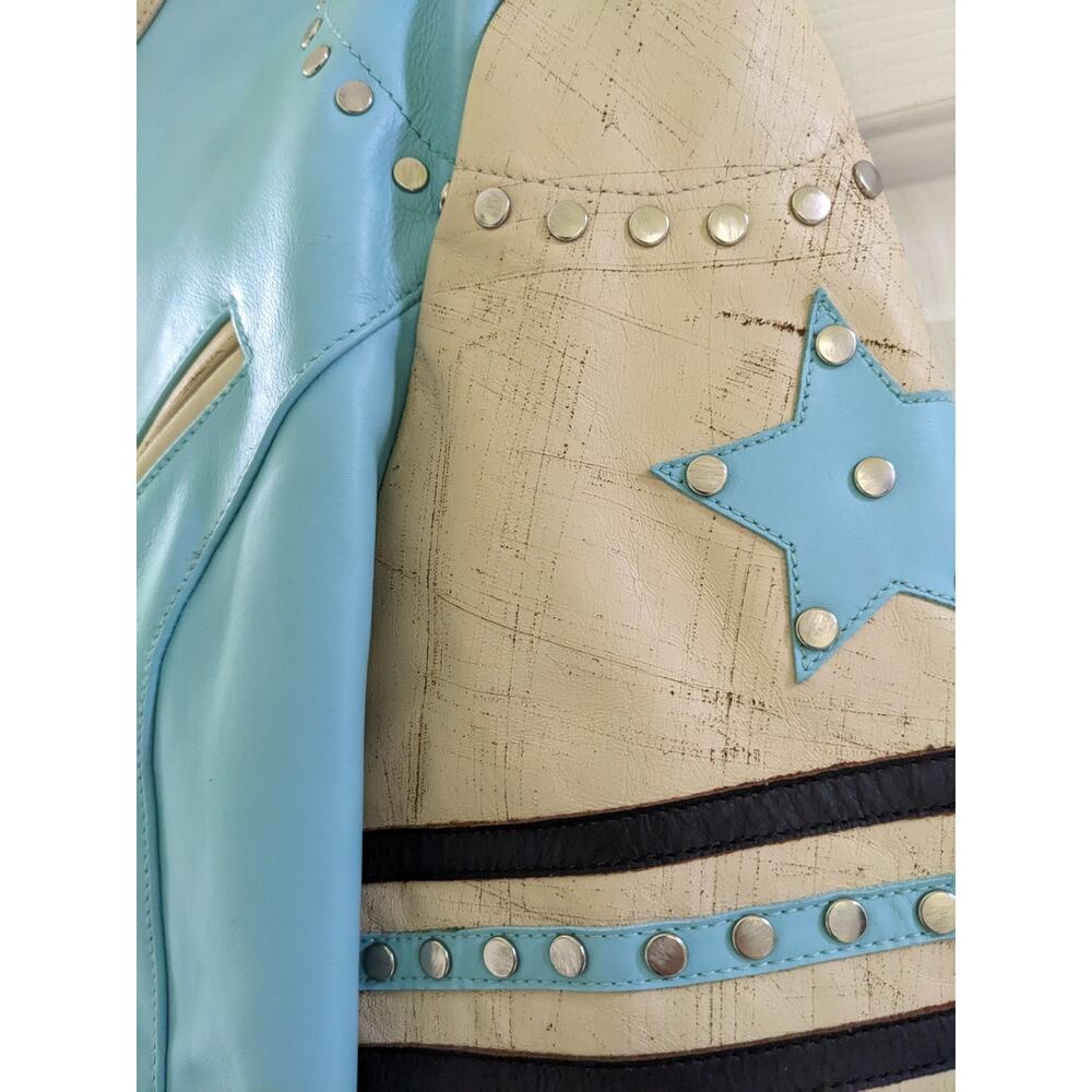 Wilson's RARE Vintage Aqua Leather Maxima Star Distressed Jacket Size L Large - Picture 3 of 11